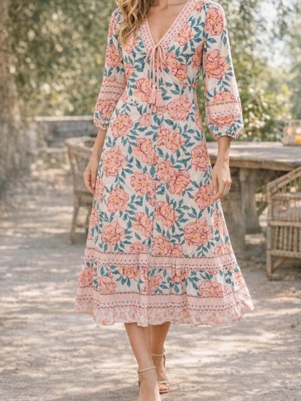 SunnySpirit Floral V-Neck Dress in Pink  & Teal